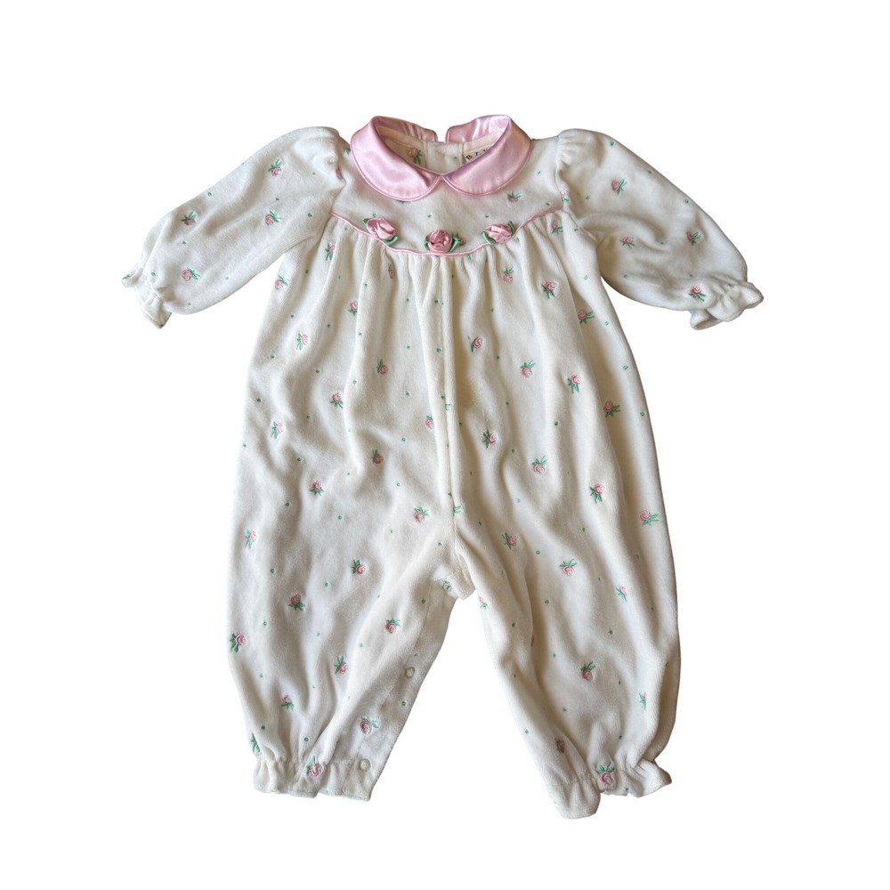 Vintage BT Kids Floral Jumpsuit Romper Baby Girl 6-9 Months Rose Appliqué Girly